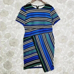 Beige by ECI Short sleeve Striped Asymmetrical Midi Sheath Dress L Unlined